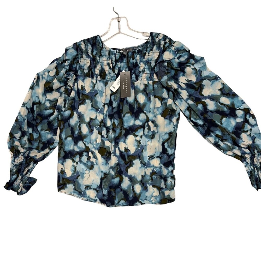 NWT Sharagano New York Women's Floral Long Sleeve Blouse Size S Blue/White